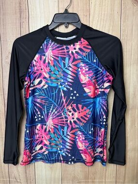 BesserBay Women's Black Sleeve Tropical Print Rash Guard Swim Top NWOT